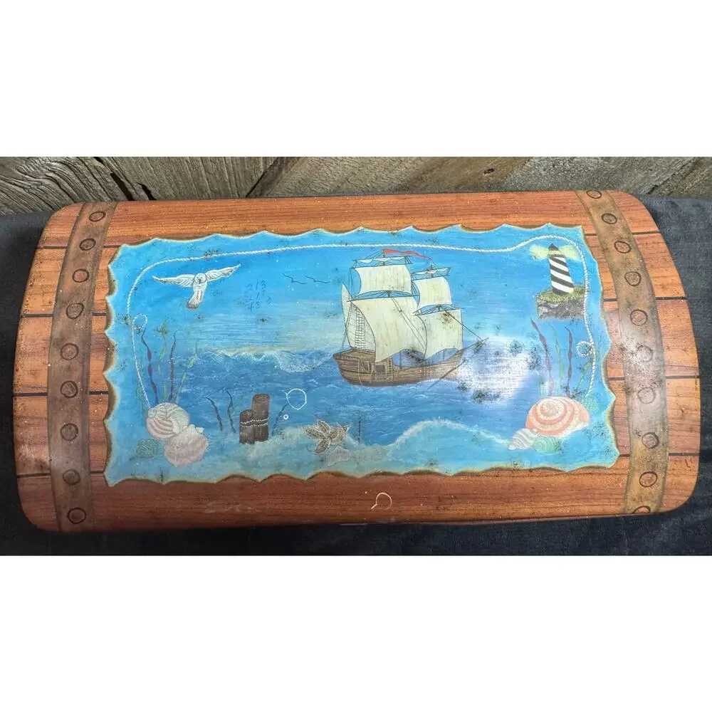 Rare Vintage Tin Litho Treasure Box Hand Painted Metal Pirate Chest Booty